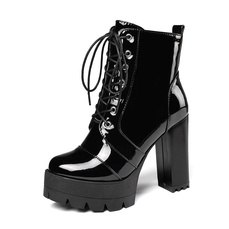 Heeled Female Patent Leather Boots Women Short Boots Gothic Women Shoes