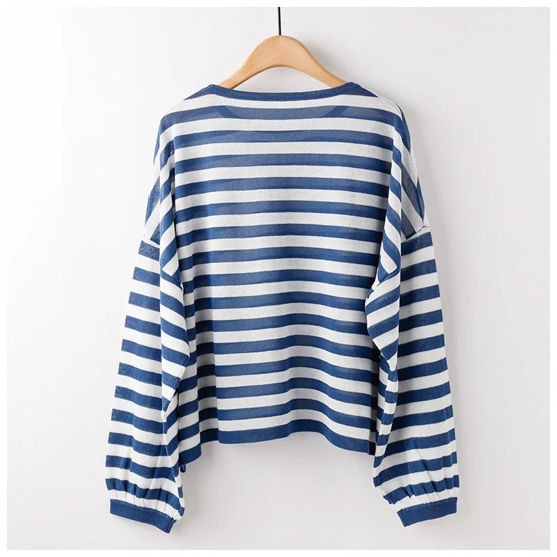 Striped Knitted Women T-Shirts Summer Lantern Sleeved Loose Elegant Female Pulls Tops Tees