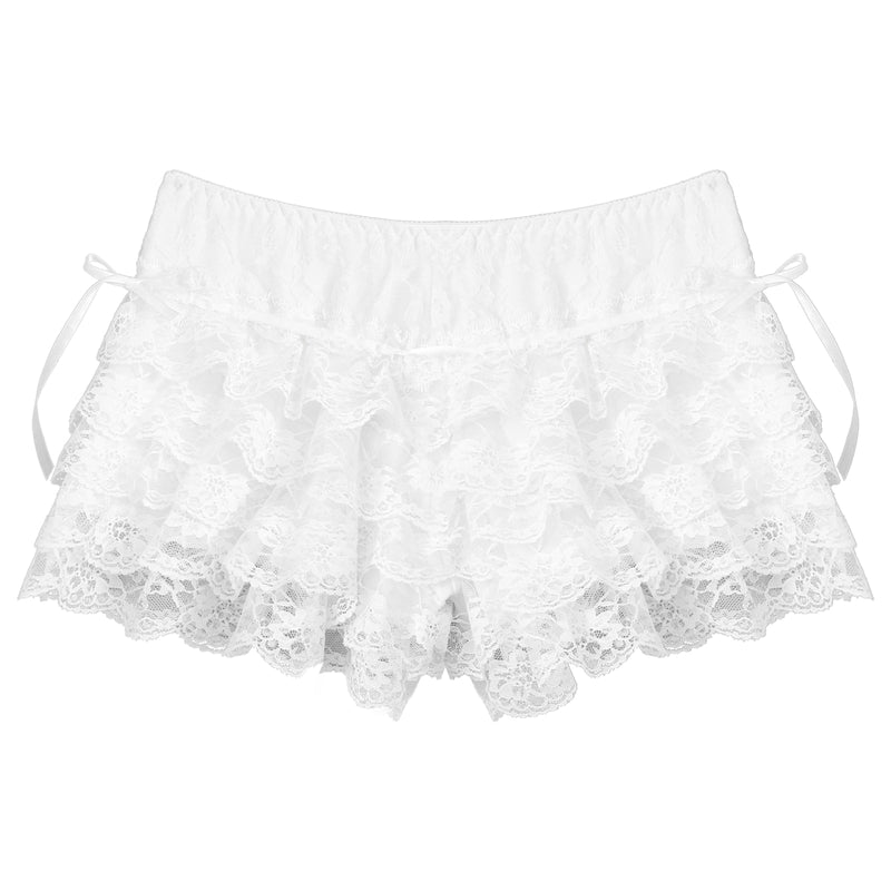 Women Cosplay Shorts Layered Floral Lace Underwear Mid Waist Elastic Waistband Shorts Bowknot Ruffle Panties