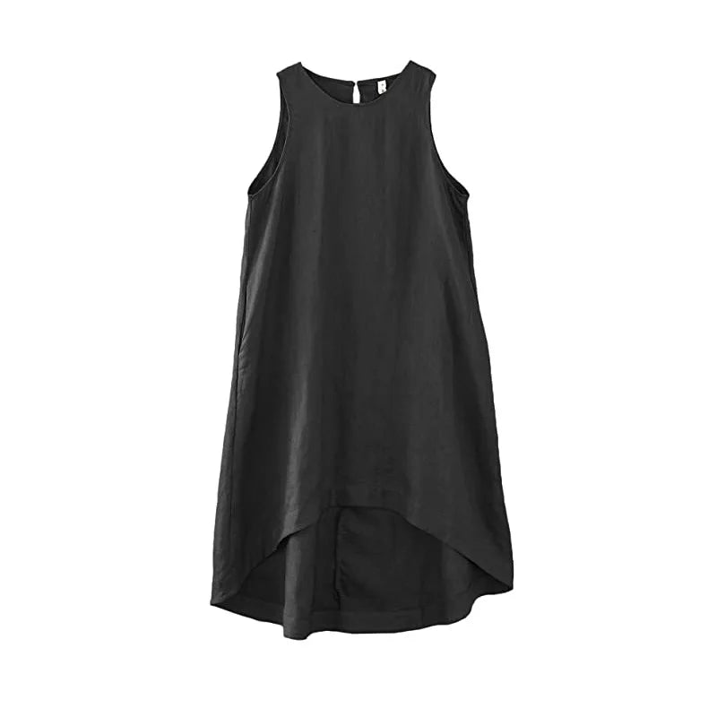 Linen Women Dress Casual Loose O-Neck Sleeveless Asymmetric Summer Woman Pockets Dresses