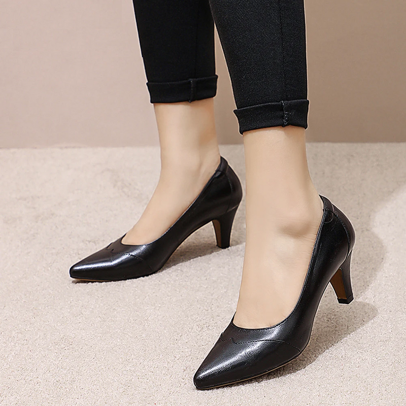 Women Leather Dress Pumps Handmade Comfort Elegant Pointed Toe High Heels Ladies Shoes