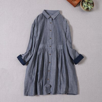 Female Linen Double Yarn Loose Long-sleeved Dress Spring Midi Dress