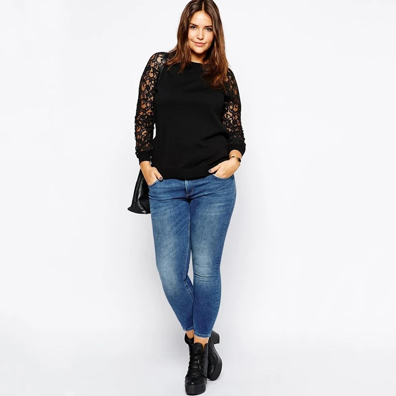 Raglan Lace Sleeve Casual Sweatshirt Women Spring Autumn Solid Black Cotton Loose Elegant