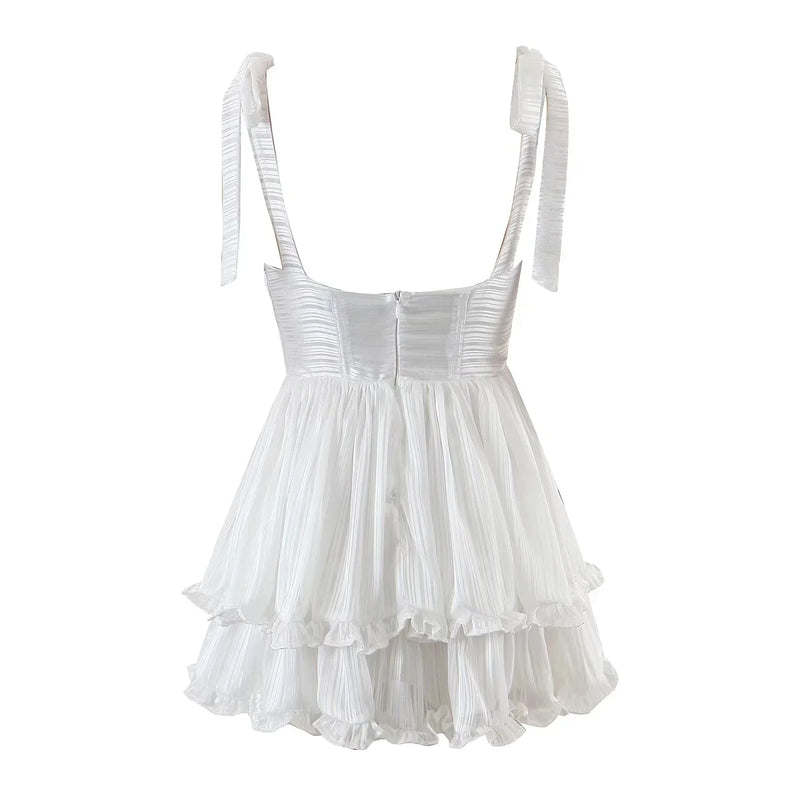 Strappy Party Mini Dress Chiffon Tiered Ruffles Summer Women Dress Bow Tie Ladies Woman Chic Dress