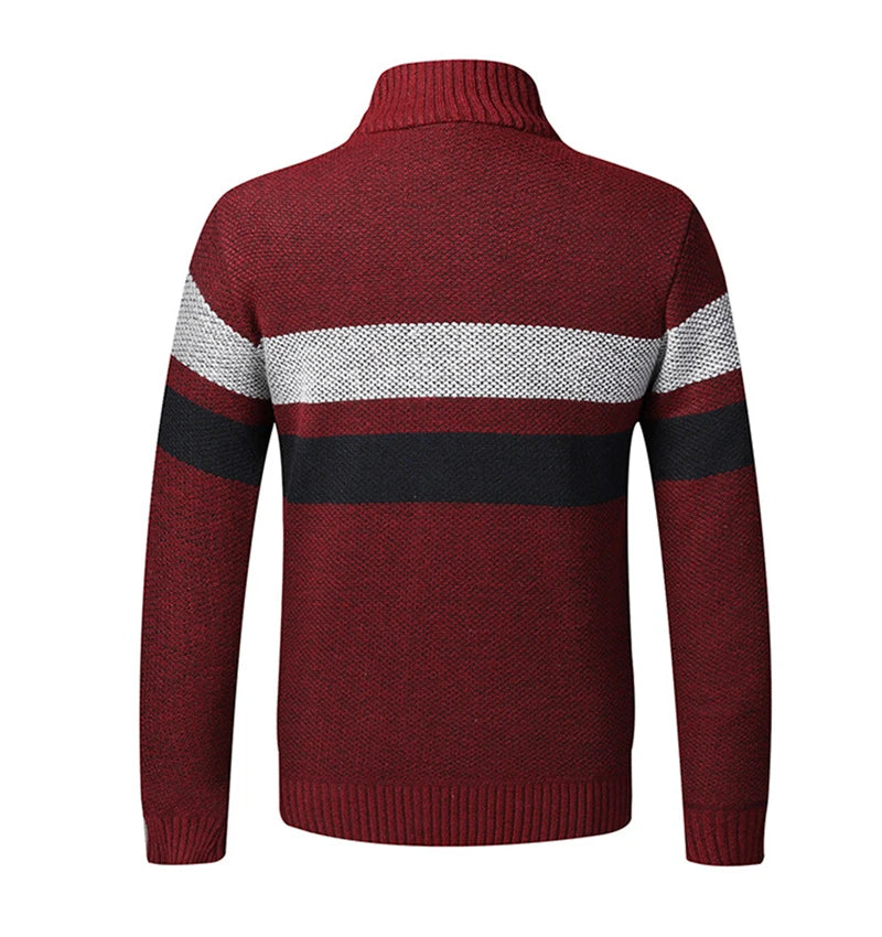 Winter Warm Striped Sweater Men Cardigan Coats Casual Stand Collar Sweatercoat Cashmere Fleece