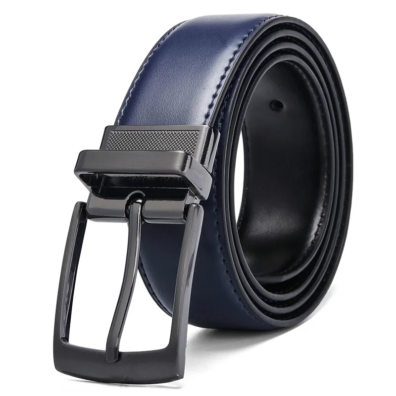 Men Leather Reversible Belt Brown-Black Classic Rotated Buckle Leather Belts