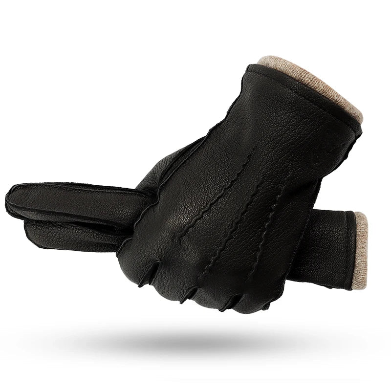 Men winter gloves deerskin warm outdoor wave pattern gloves wool lining