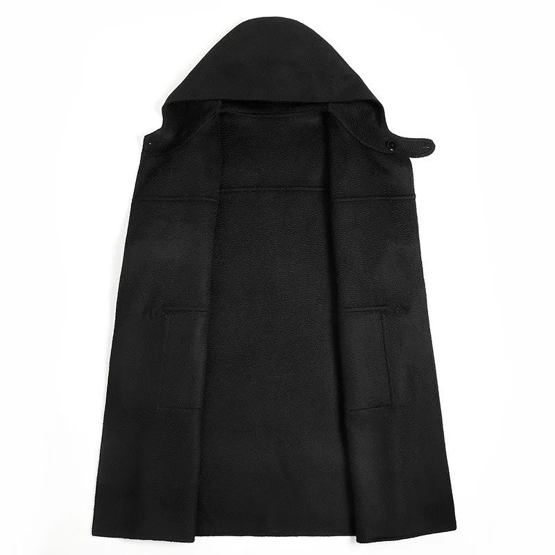 Wool double-faced woolen men's coat hooded cloak high-end horn buckle black windbreak