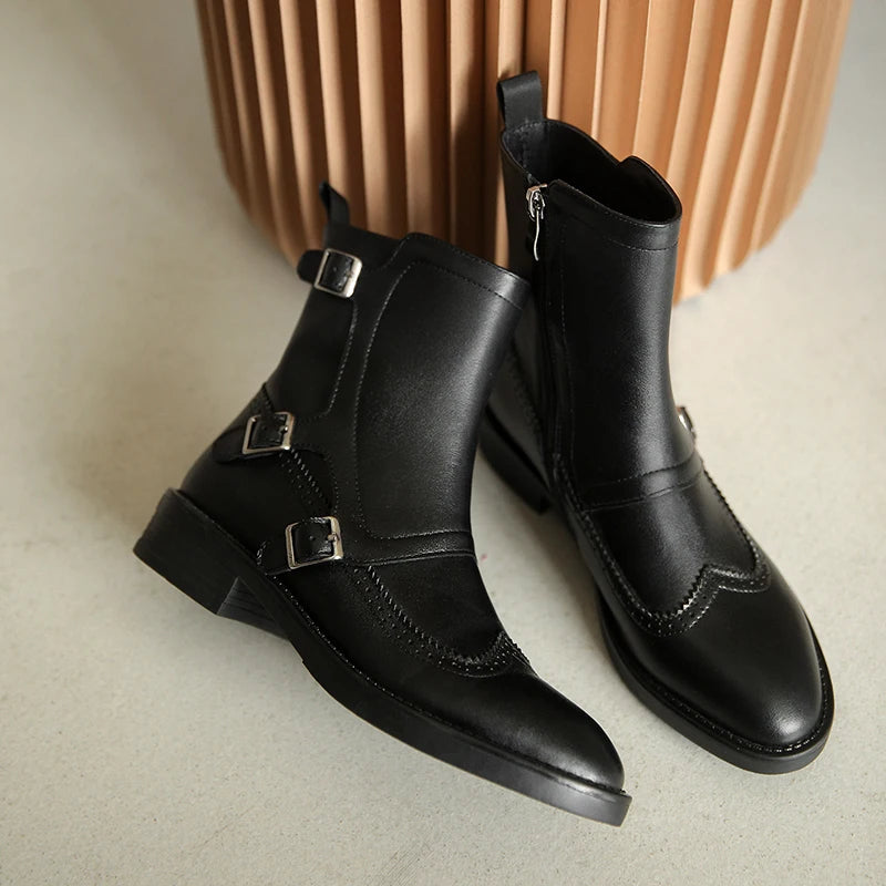 Autumn Woman Buckle Chelsea Boots Handmade Genuine Leather Round Toe Boots