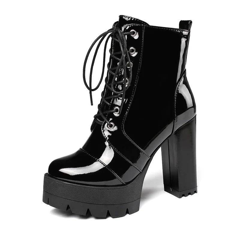 Heeled Female Patent Leather Boots Women Short Boots Gothic Women Shoes