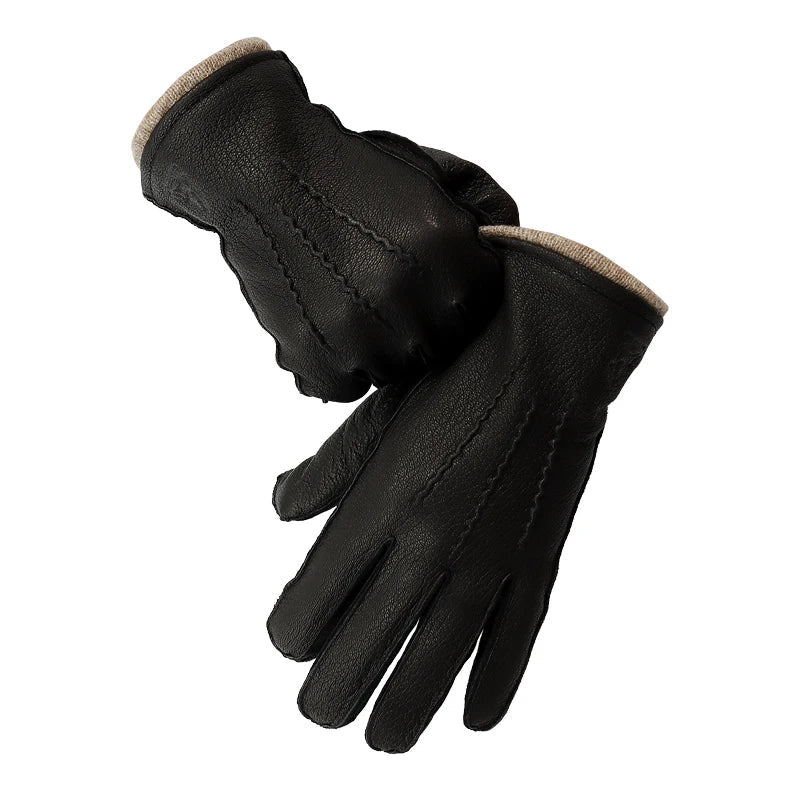 Men winter gloves deerskin warm outdoor wave pattern gloves wool lining