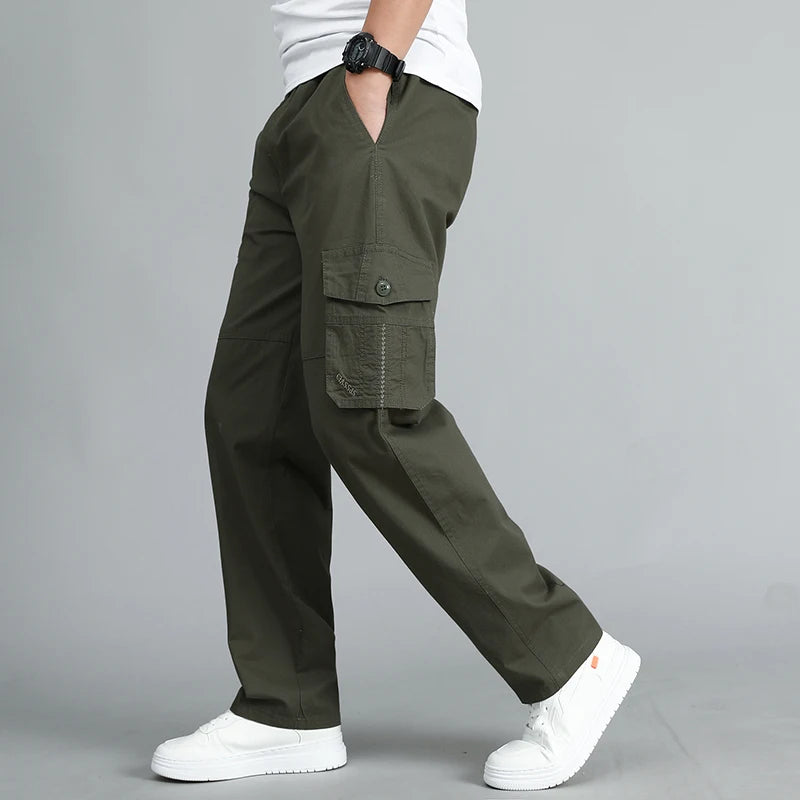 Summer Men Pants Straight Side Pockets Wide Leg Cotton Black Cargo Pants Work Trousers Male