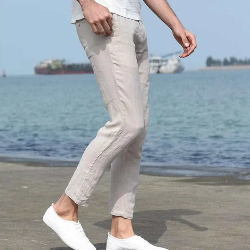 Summer Mens Casual Pants Linen Slim Fit Straight Ankle-Length Pants Men Sweatpants