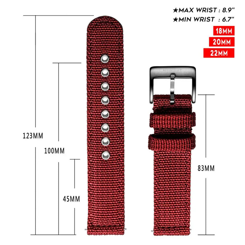 Canvas Watch Bands Red Quick Release Watch Straps and Heavy Duty Brushed Buckle