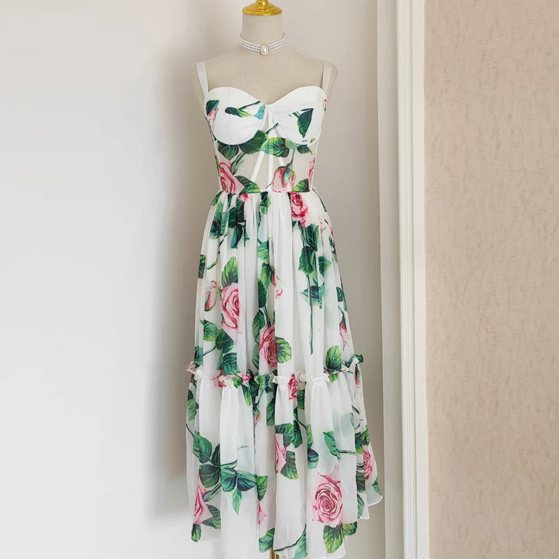 Floral Vintage Elegant Dress Strap Summer Midi Dress Clothing