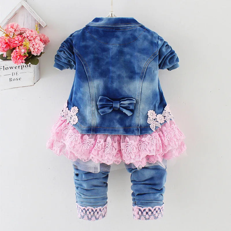 Spring Autumn Infant Toddler Baby Girl Denim Clothing Sets Long Sleeve T Shirt Tops Denim Jacket and Jeans Trousers