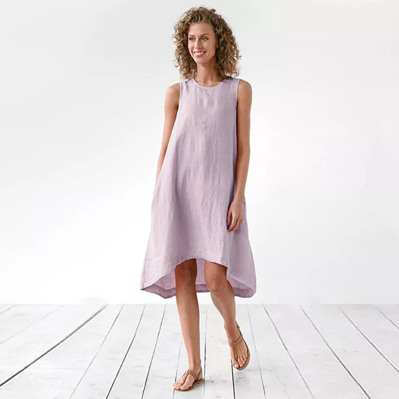 Linen Women Dress Casual Loose O-Neck Sleeveless Asymmetric Summer Woman Pockets Dresses