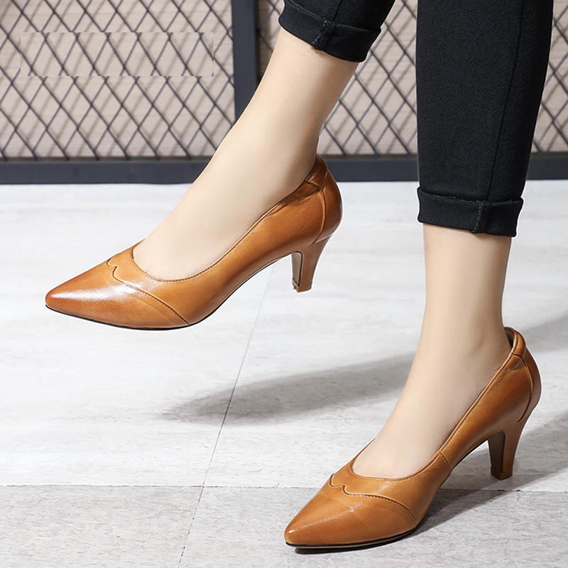 Women Leather Dress Pumps Handmade Comfort Elegant Pointed Toe High Heels Ladies Shoes