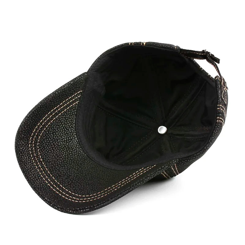 Autumn Genuine Leather Baseball Caps Men Casual Checkered Suture Single Dome Hat