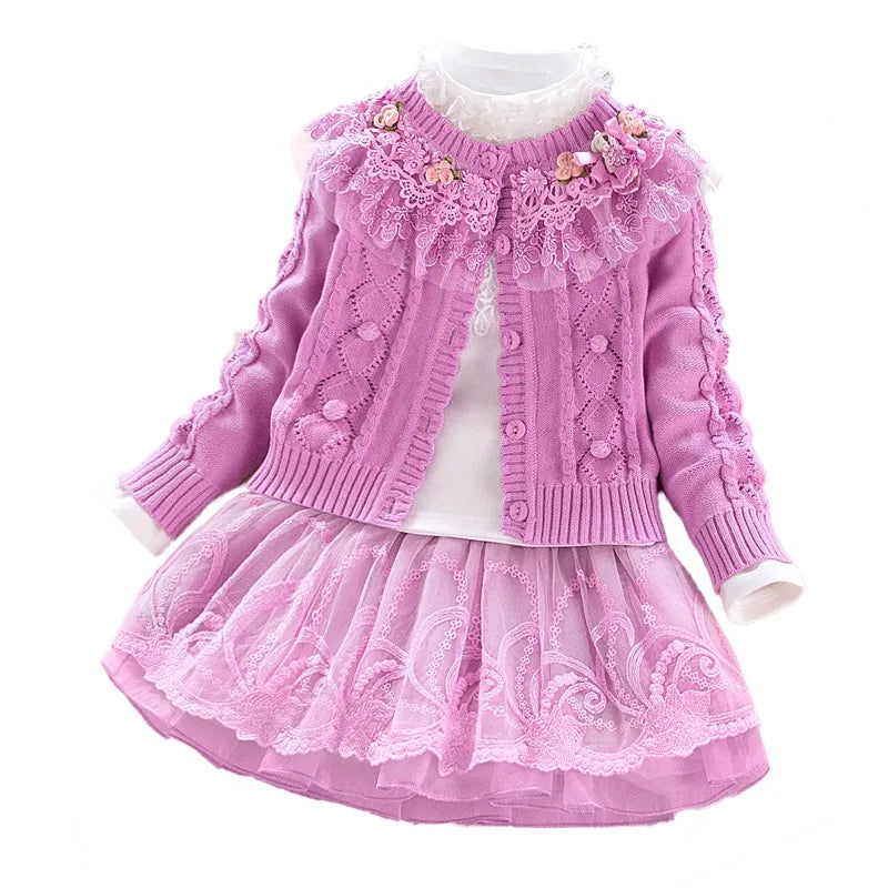 Spring Autumn Girls Sweater Skirt T-shirt  Clothing Set Children Cotton  Cardigan Lace Princess Outfits Kids Mesh Suit Set