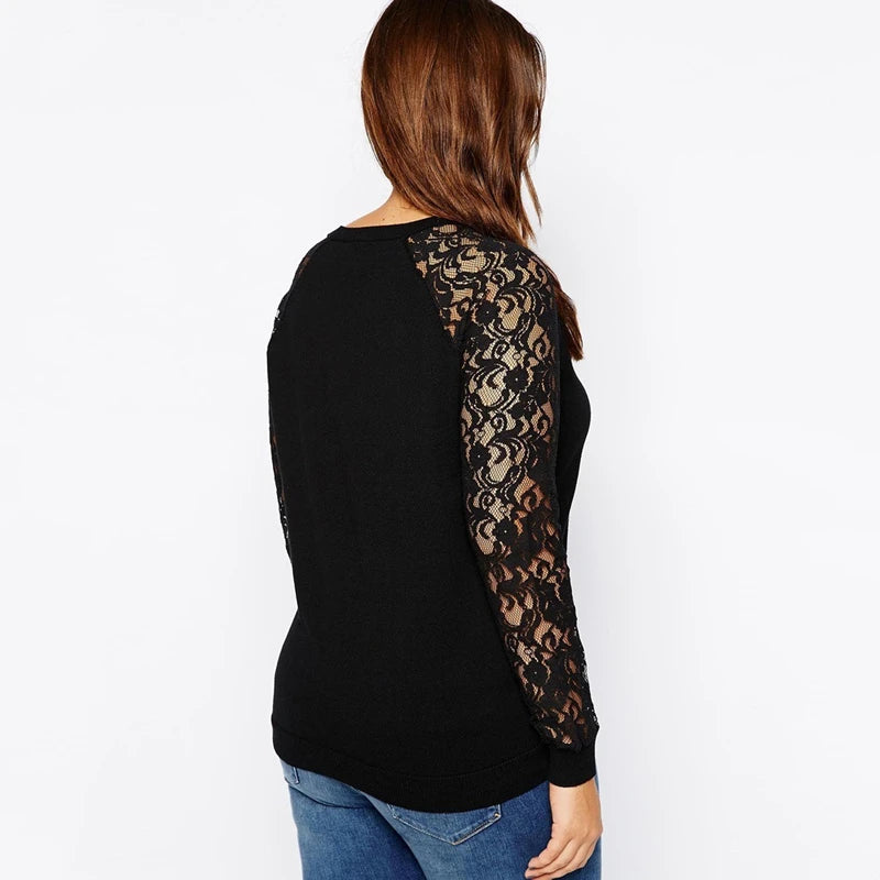 Raglan Lace Sleeve Casual Sweatshirt Women Spring Autumn Solid Black Cotton Loose Elegant