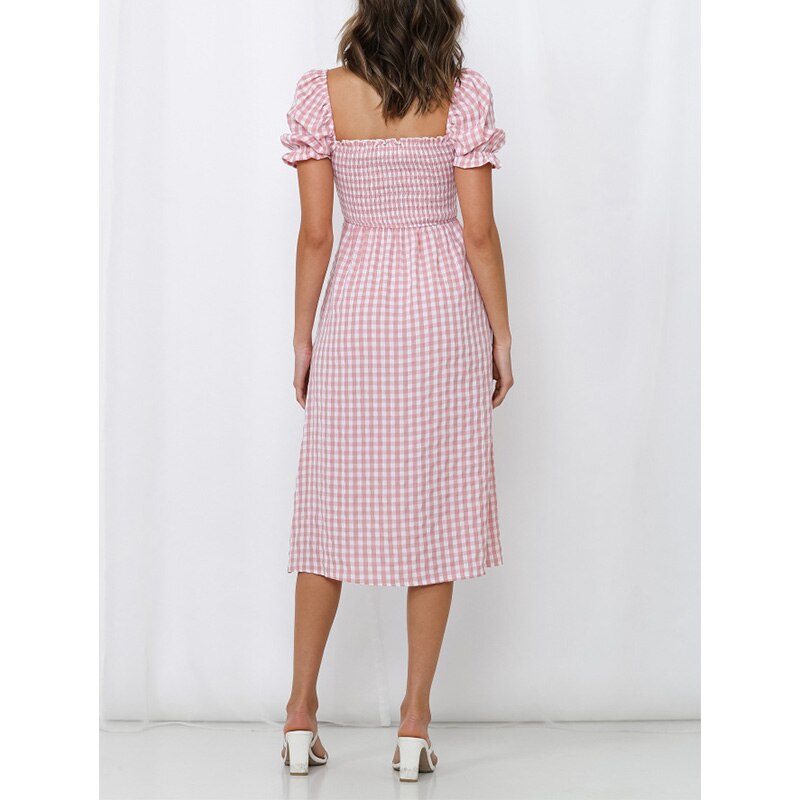 Dress Women Summer Square Neck Short Puff Sleeve Shirred Casual Plaid Dress Midi Dress With Slit Dresses For Women Sundress