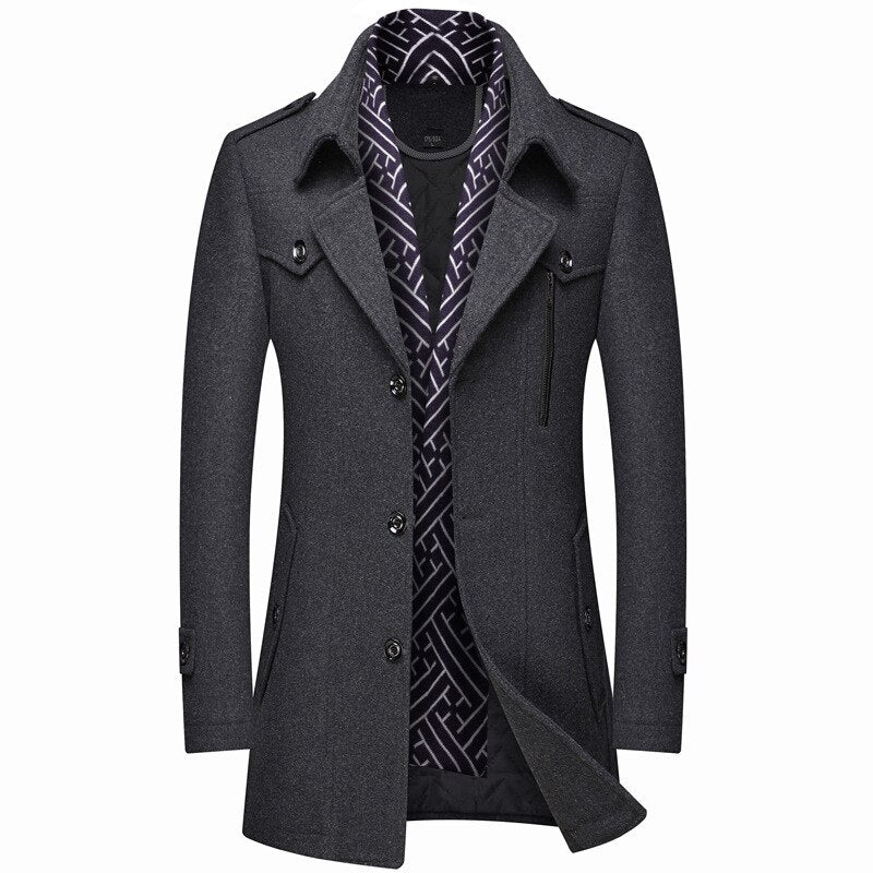 Men Scarf Collar Wool Coat Winter Business Thick and Warm Male Overcoat Navy Coffee