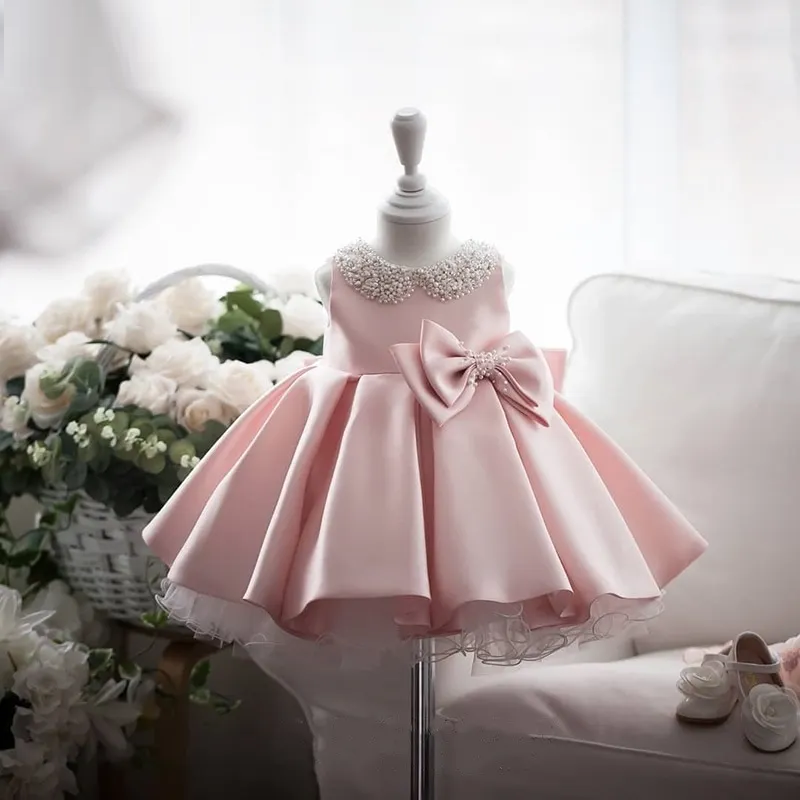 Baby Girl Princess Dress Pearl Collar Infant Toddler Girl Birthday Ball Gown Baby Clothes