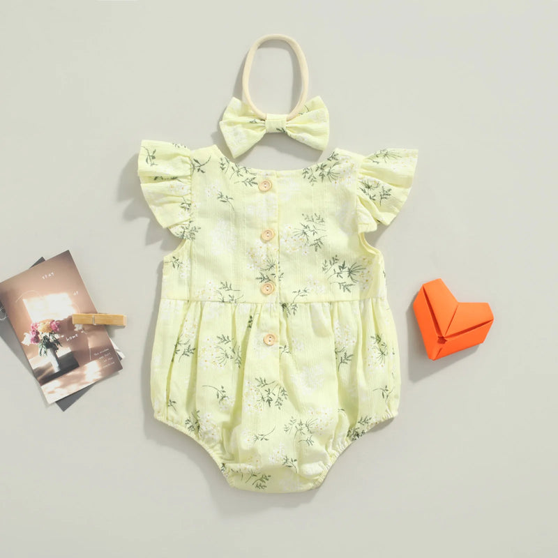 Baby Romper with Hairband Kids Floral Round Neck Fly Sleeve Bodysuit Headband for Summer