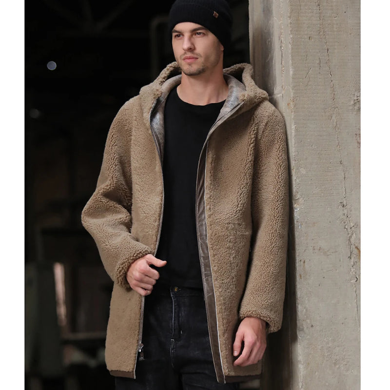 Two Sides Wear Long Fur Shearling Brown Real Natural Fur Coat Thick Warm Winter Hooded Fur Clothes