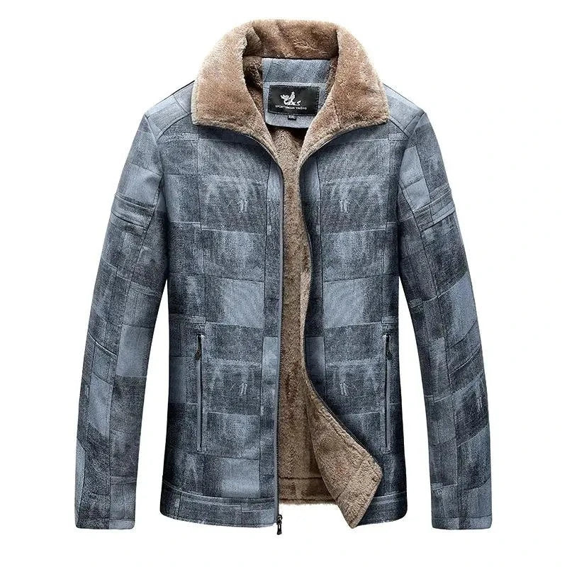 Men Winter Fleece Leather Jacket Business Casual Woolen Leather Coat Khaki Warm Coat for Male