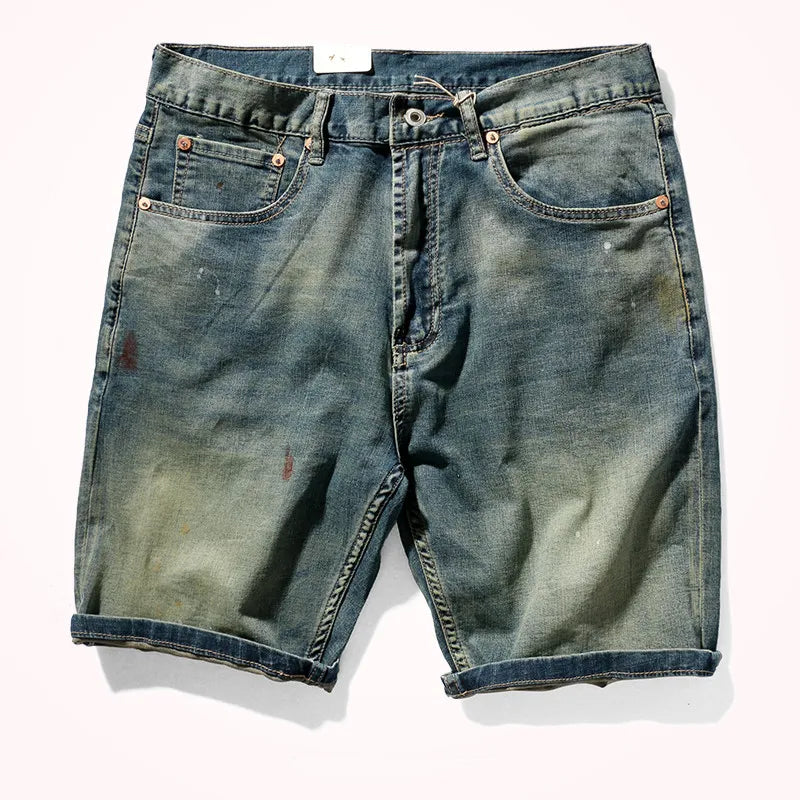 Summer American Retro Thin Denim Shorts Men's Capris Washed Old Cat Beard Middle Waist Straight Knee Length Pants