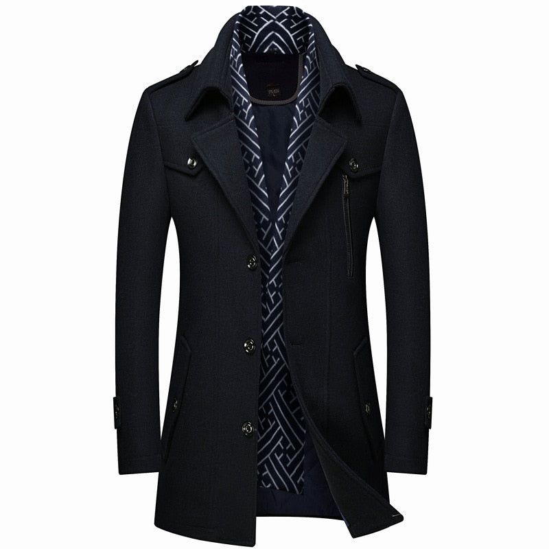 Men Scarf Collar Wool Coat Winter Business Thick and Warm Male Overcoat Navy Coffee