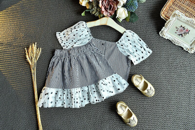 Girls Suit Summer Wave Dot Puff Sleeve Stitching Plaid Top T-shirt + Lace Skirt