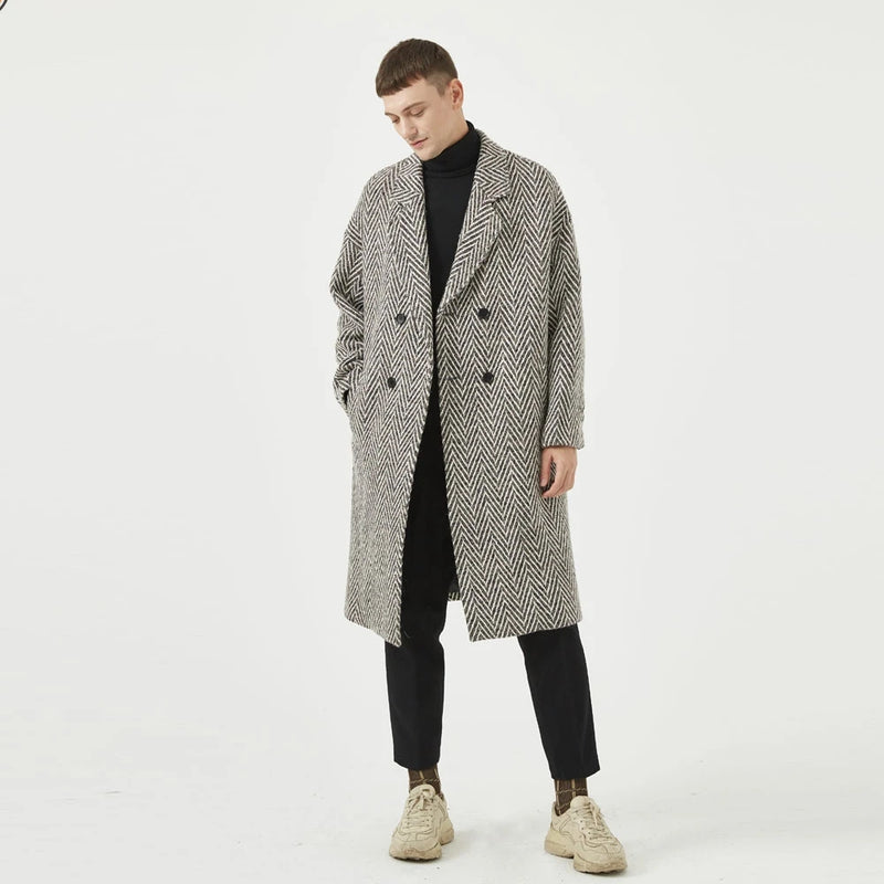 Striped Woolen Overcoat  Men's Loose Double Breasted Warm Trench Coat