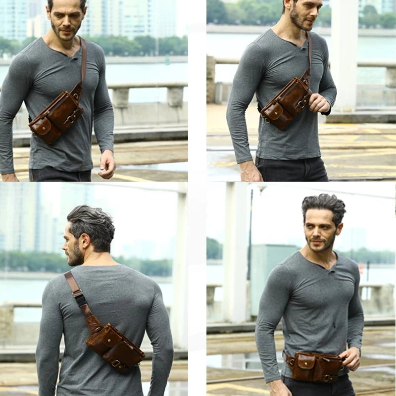 Genuine Leather Man Waist Pack Shoulder Belt Bag Sporty Small Crossbody Bag Male Travel Chest Bags