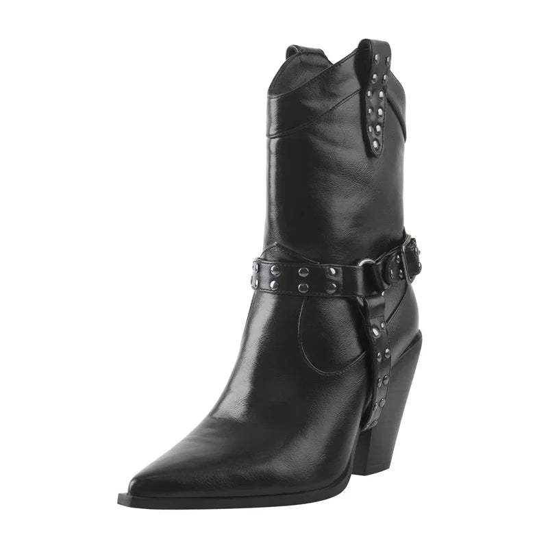 Women Pointed Toe Ankle High Boots Metal Decoration Zipper Belt Buckle Booties