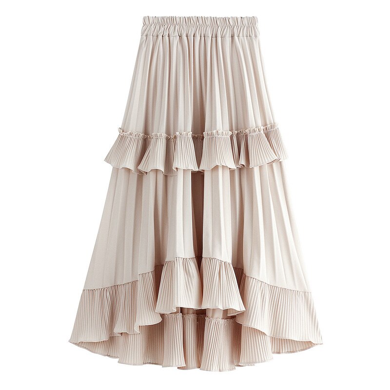 Autumn Pleated Skirt High Waist Irregular Hem Flouncing Women Long Skirts Saia Women White Skirts