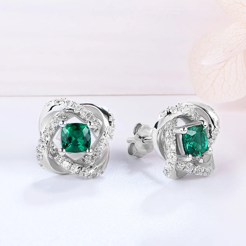 Sterling Silver Emerald Lab Grown Diamonds Ear Studs Cocktail Party Earrings Fine Jewelry