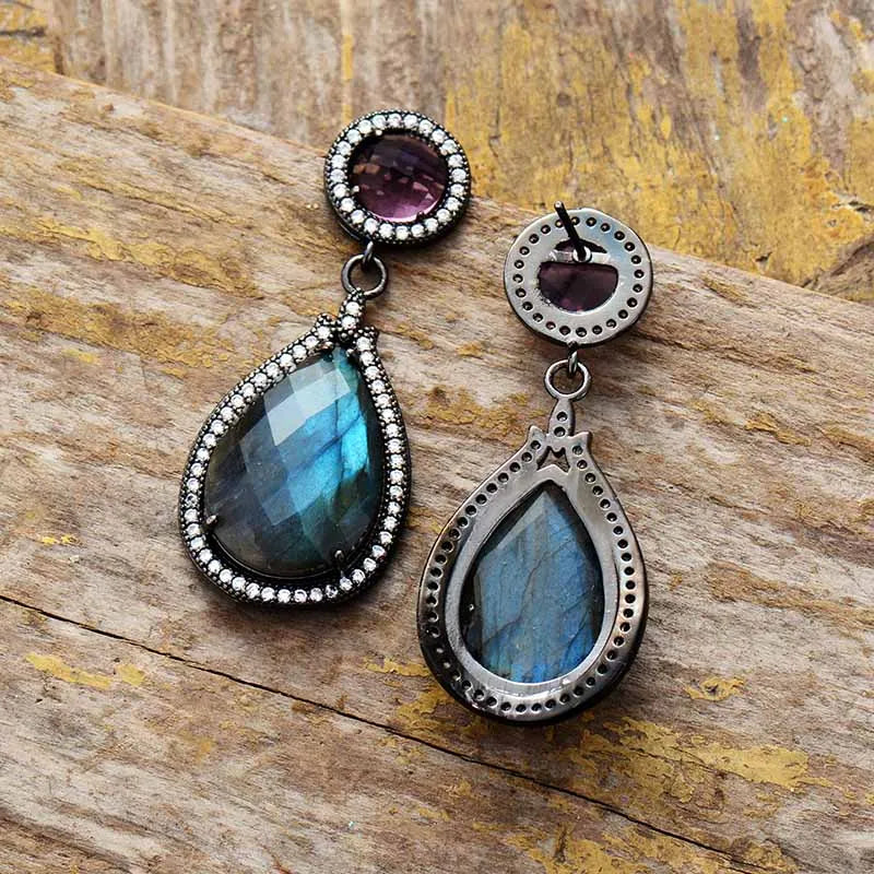 Luxury Teardrop Earrings for Women Labradorite Drop Dangle Black Bold Earring Valentines Day Jewelry