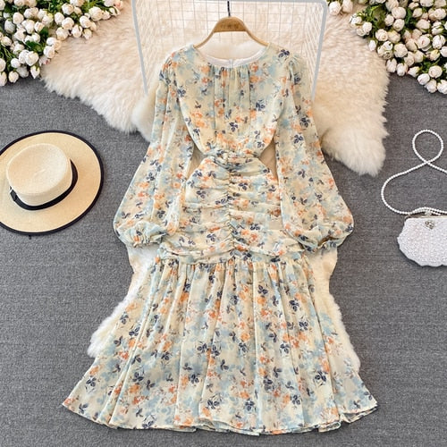 French Elegant Chiffon Dress Women Spring Autumn Puff Sleeve Sweet Floral Print Beach Dresses Ladies Bodycon Boho Dress