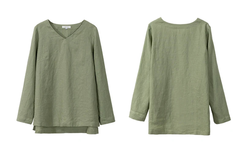 Linen V-Neck Shirt Autumn Women Basic Style Literary Simple T-Shirt Casual Loose Bottoming Shirts