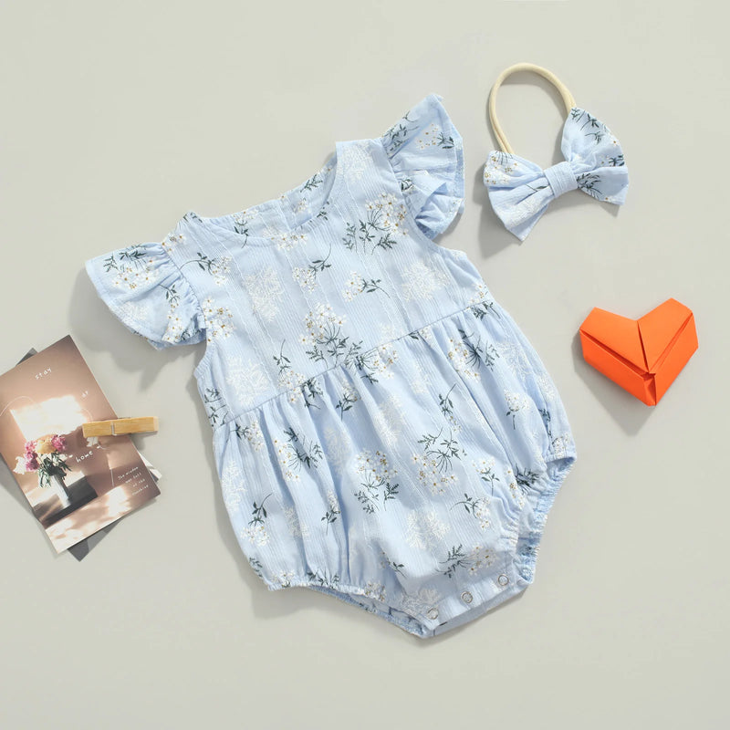 Baby Romper with Hairband Kids Floral Round Neck Fly Sleeve Bodysuit Headband for Summer