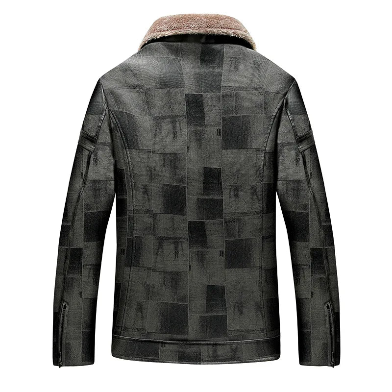 Men Winter Fleece Leather Jacket Business Casual Woolen Leather Coat Khaki Warm Coat for Male