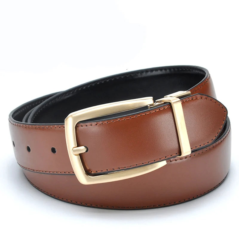 Luxury Gold Reversible Men Waist Belts Real Leather Solid Brass Men's Belt