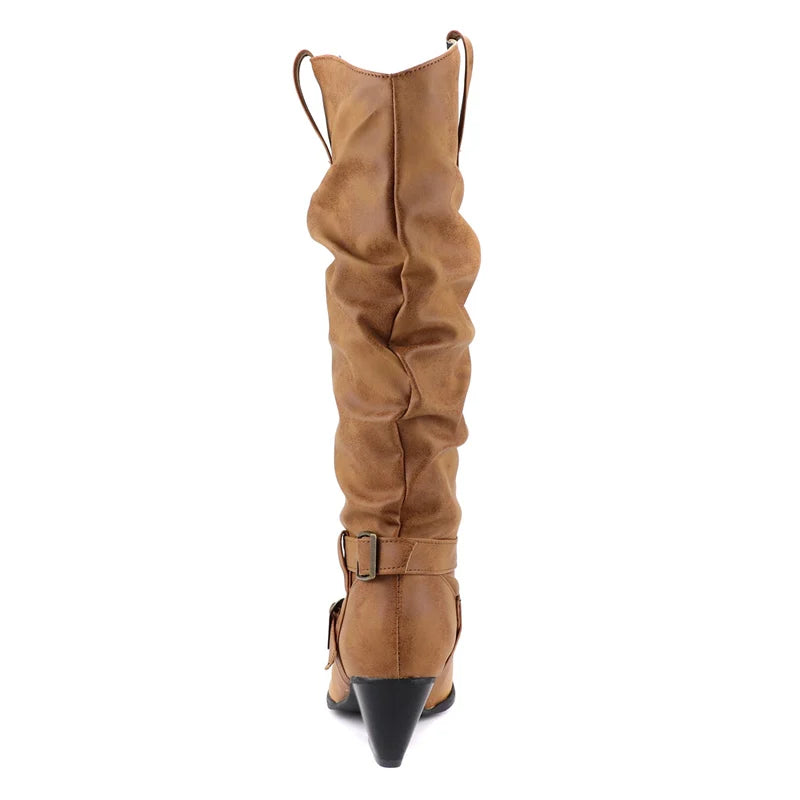 Pleated Women's Knee High Boots Western Cowboy Boots for Women