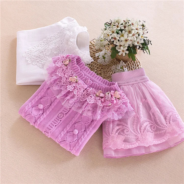 Spring Autumn Girls Sweater Skirt T-shirt  Clothing Set Children Cotton  Cardigan Lace Princess Outfits Kids Mesh Suit Set