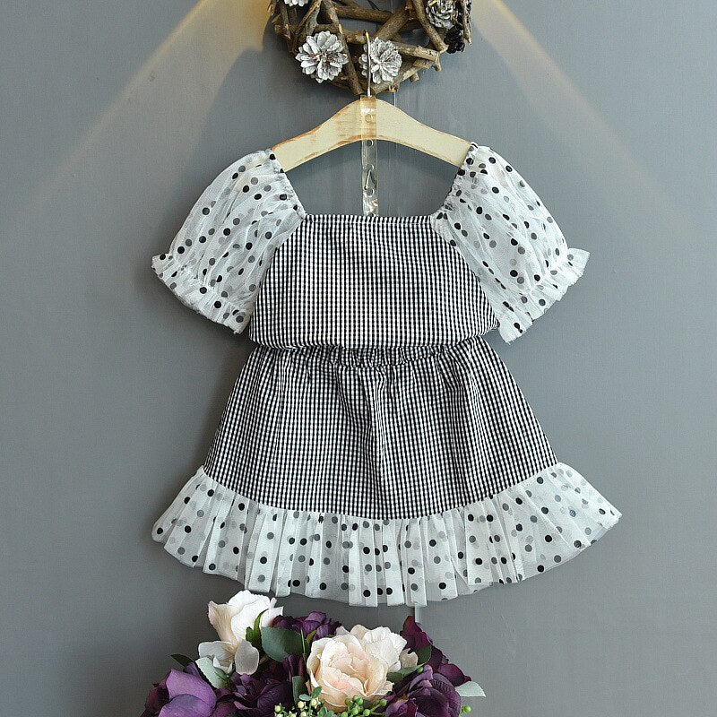 Girls Suit Summer Wave Dot Puff Sleeve Stitching Plaid Top T-shirt + Lace Skirt