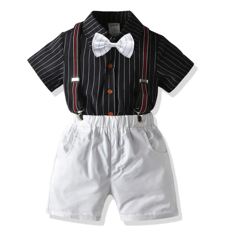 Kids Boys Summer Clothes Gentlemen Birthday Wedding Baby Costume Short T-Shirt+Belt Pants Tie Kid Outfits