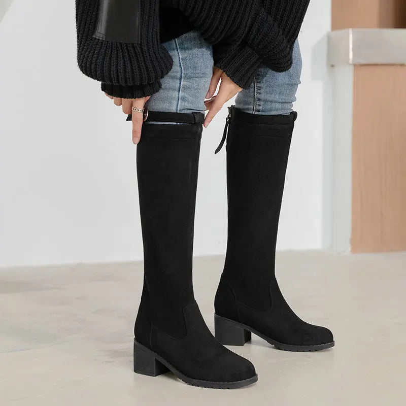 Flock Stretch Knee High Boots Autumn Women Square Long Boots Slip On Round Toe Women Shoes